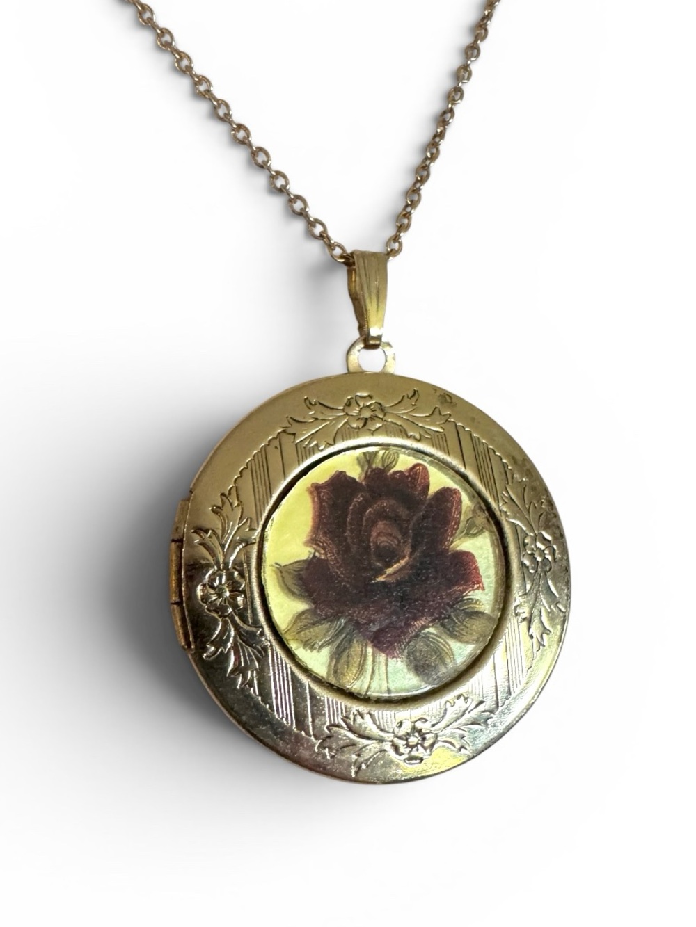 Vintage Gold Locket Necklace with Burgundy Rose Motif